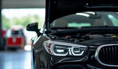 Car hood open in a garage